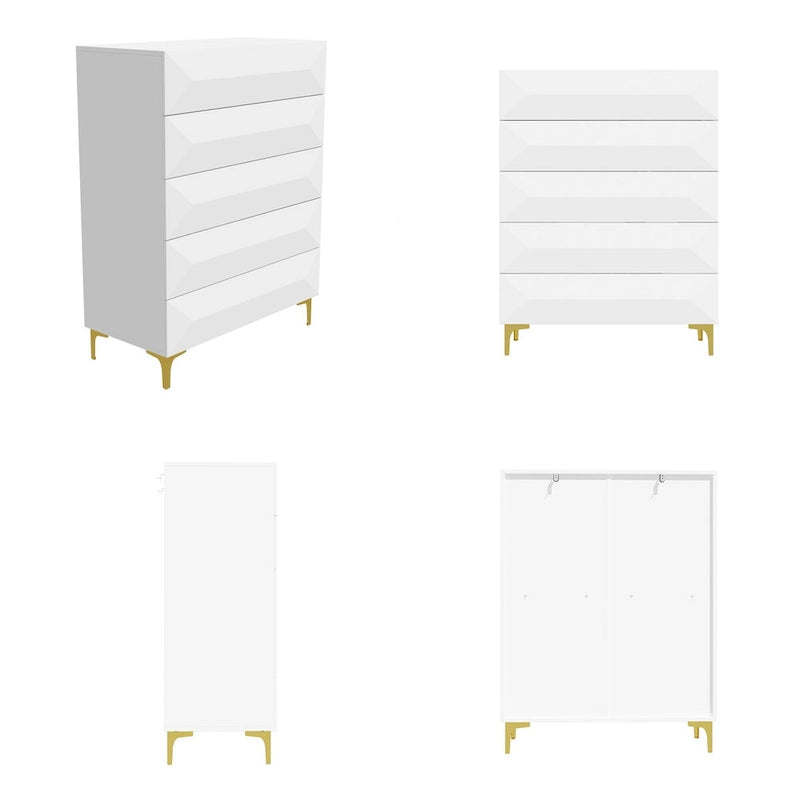 Asymmetrical Drawer Highboy - Chic White Storage Chest with Gold Legs