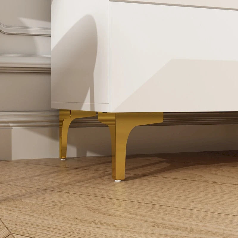 Asymmetrical Drawer Highboy - Chic White Storage Chest with Gold Legs