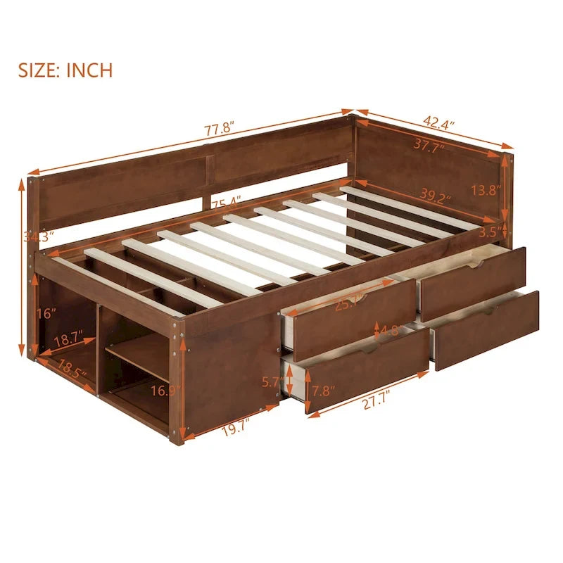 Twin Size Daybed with Drawers and Shelves