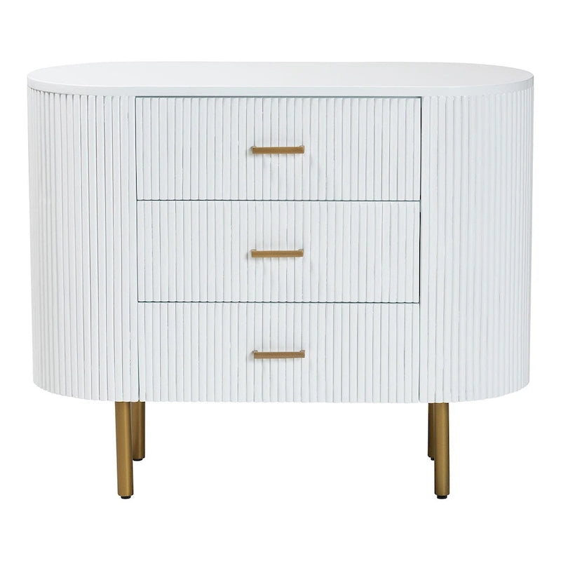 Beyla Mid-Century White Fluted Wood and Gold Metal 3-Drawer Dresser