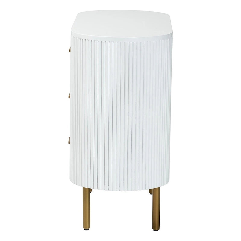 Beyla Mid-Century White Fluted Wood and Gold Metal 3-Drawer Dresser