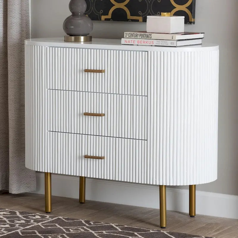 Beyla Mid-Century White Fluted Wood and Gold Metal 3-Drawer Dresser