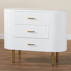 Beyla Mid-Century White Fluted Wood and Gold Metal 3-Drawer Dresser