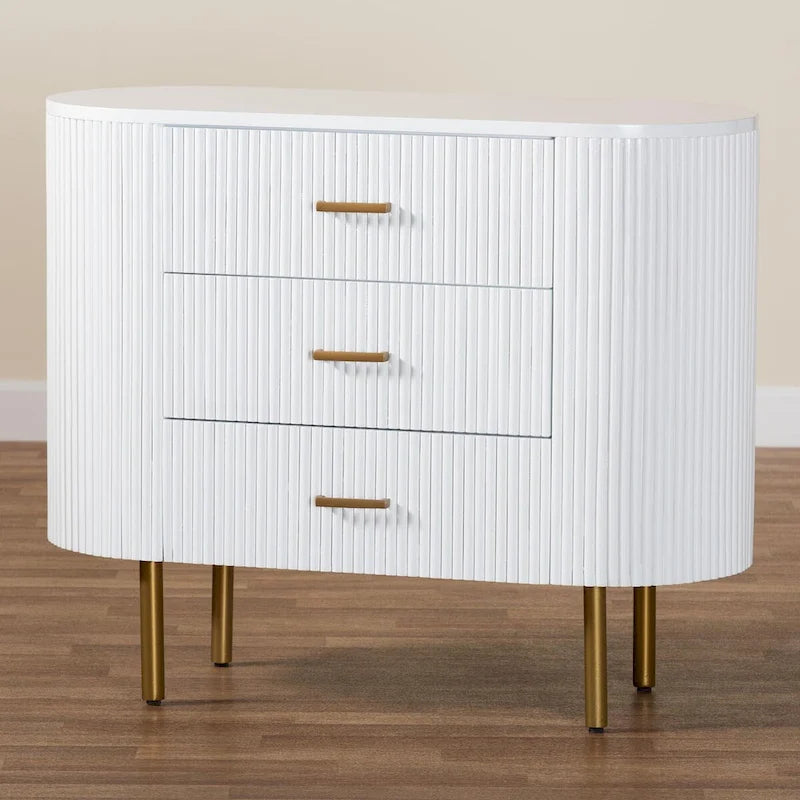 Beyla Mid-Century White Fluted Wood and Gold Metal 3-Drawer Dresser