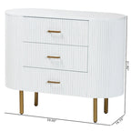 Beyla Mid-Century White Fluted Wood and Gold Metal 3-Drawer Dresser