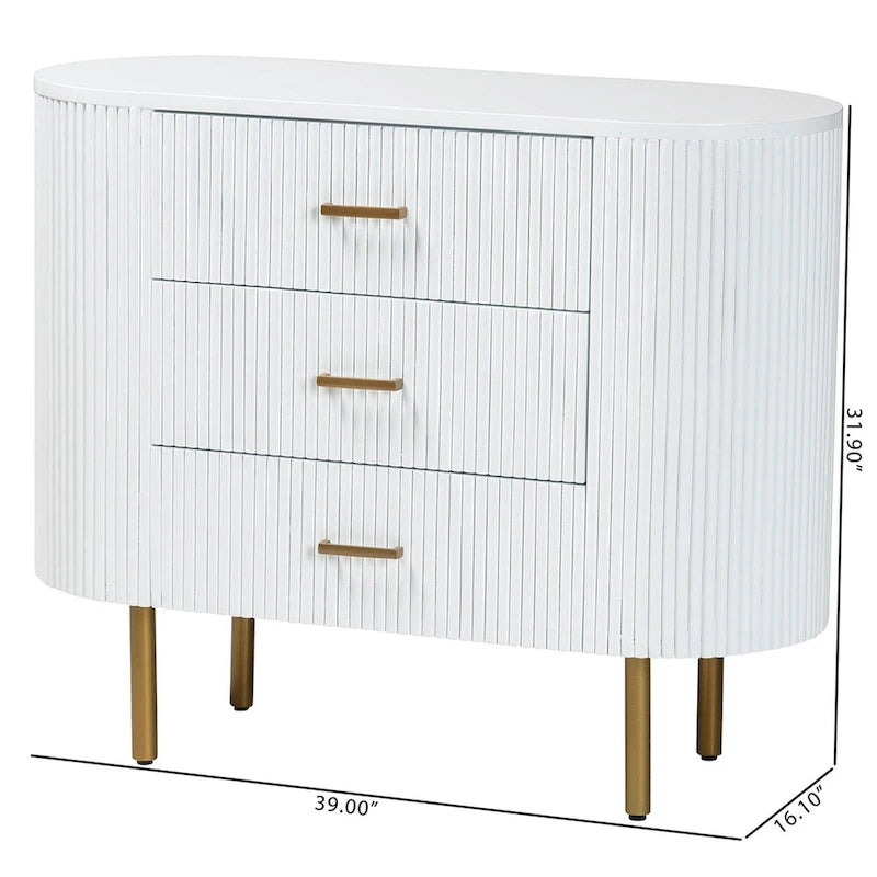Beyla Mid-Century White Fluted Wood and Gold Metal 3-Drawer Dresser