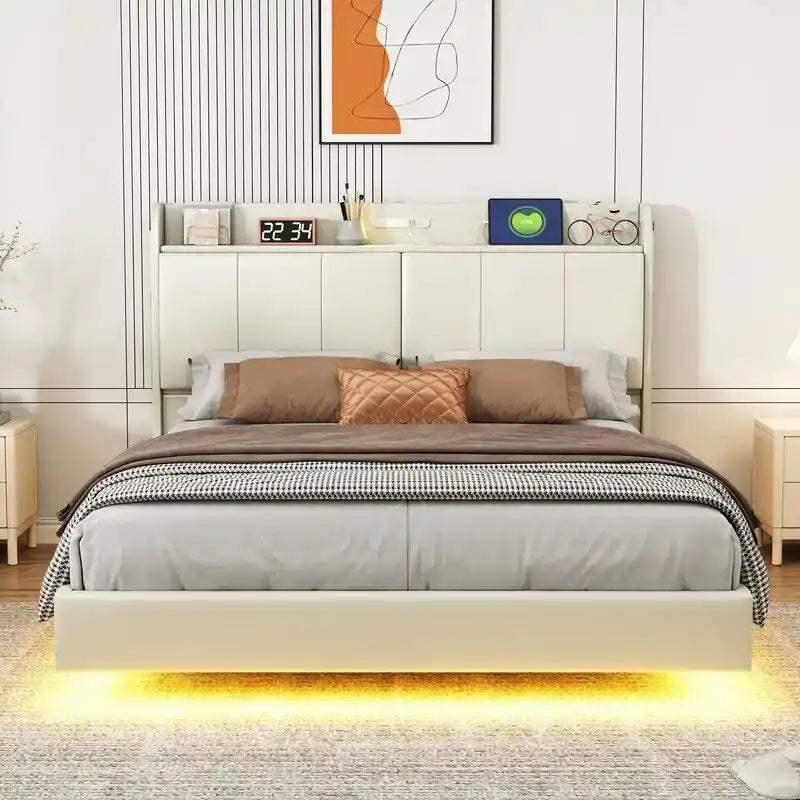 Queen Size Bed Frame with Storage,Touch Sensor Light and USB port