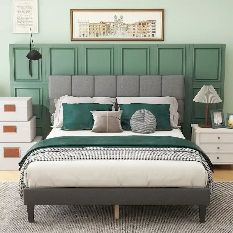 Queen Size Platform Bed Frame with Fabric Upholstered Headboard and Wooden Slats Support, No Box Spring Needed/Easy Assembly