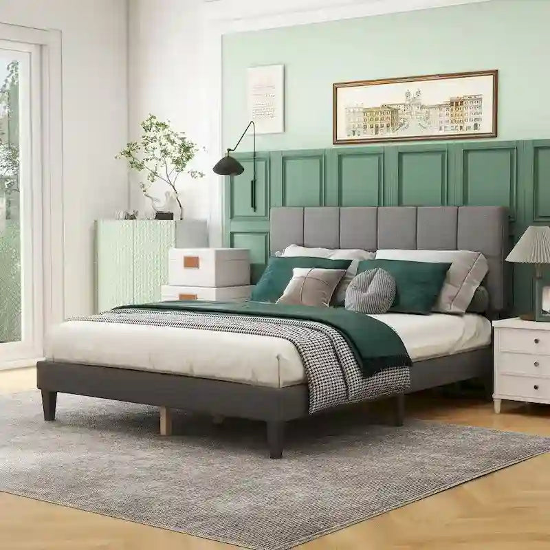 Queen Size Platform Bed Frame with Fabric Upholstered Headboard and Wooden Slats Support, No Box Spring Needed/Easy Assembly