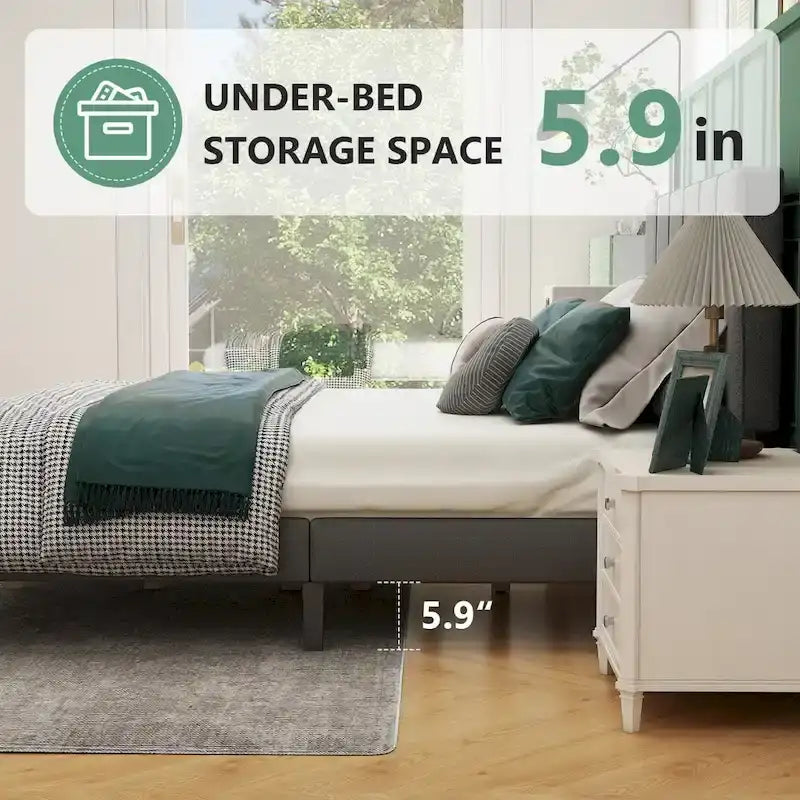 Queen Size Platform Bed Frame with Fabric Upholstered Headboard and Wooden Slats Support, No Box Spring Needed/Easy Assembly