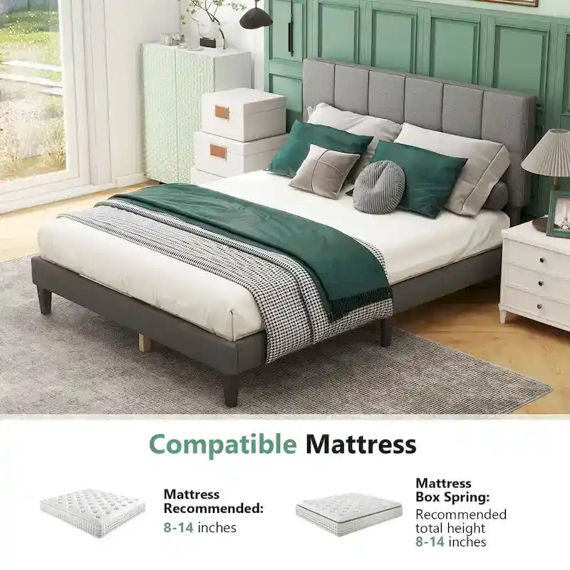 Queen Size Platform Bed Frame with Fabric Upholstered Headboard and Wooden Slats Support, No Box Spring Needed/Easy Assembly