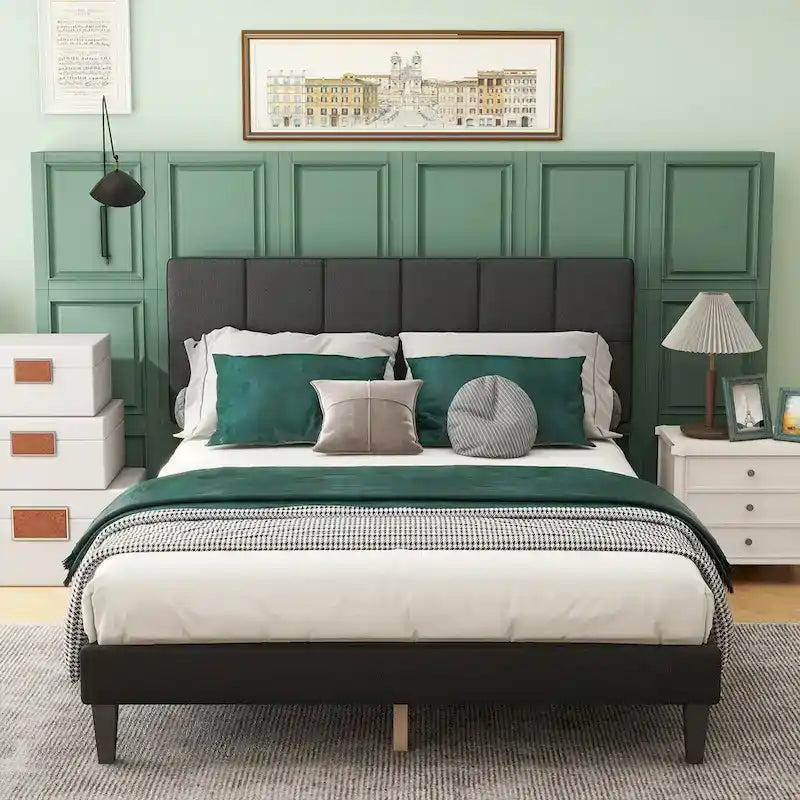 Queen Size Platform Bed Frame with Fabric Upholstered Headboard and Wooden Slats Support, No Box Spring Needed/Easy Assembly
