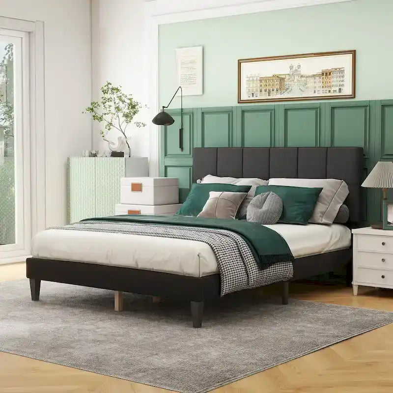 Queen Size Platform Bed Frame with Fabric Upholstered Headboard and Wooden Slats Support, No Box Spring Needed/Easy Assembly