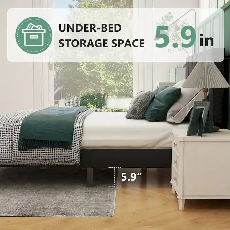 Queen Size Platform Bed Frame with Fabric Upholstered Headboard and Wooden Slats Support, No Box Spring Needed/Easy Assembly