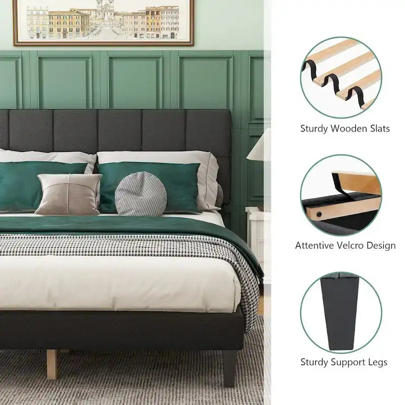 Queen Size Platform Bed Frame with Fabric Upholstered Headboard and Wooden Slats Support, No Box Spring Needed/Easy Assembly