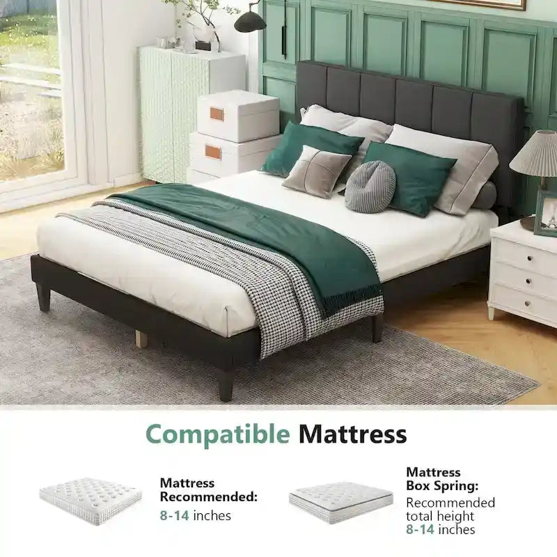 Queen Size Platform Bed Frame with Fabric Upholstered Headboard and Wooden Slats Support, No Box Spring Needed/Easy Assembly