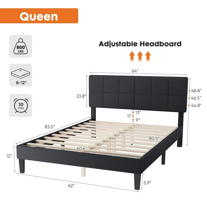 Queen Size Platform Bed Frame with Fabric Upholstered Headboard and Wooden Slats Support, No Box Spring Needed/Easy Assembly