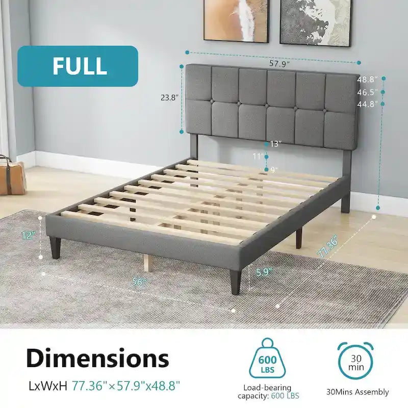 Queen Size Platform Bed Frame with Fabric Upholstered Headboard and Wooden Slats Support, No Box Spring Needed/Easy Assembly