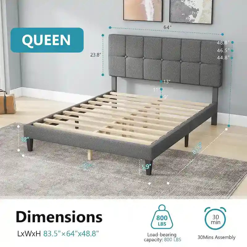 Queen Size Platform Bed Frame with Fabric Upholstered Headboard and Wooden Slats Support, No Box Spring Needed/Easy Assembly
