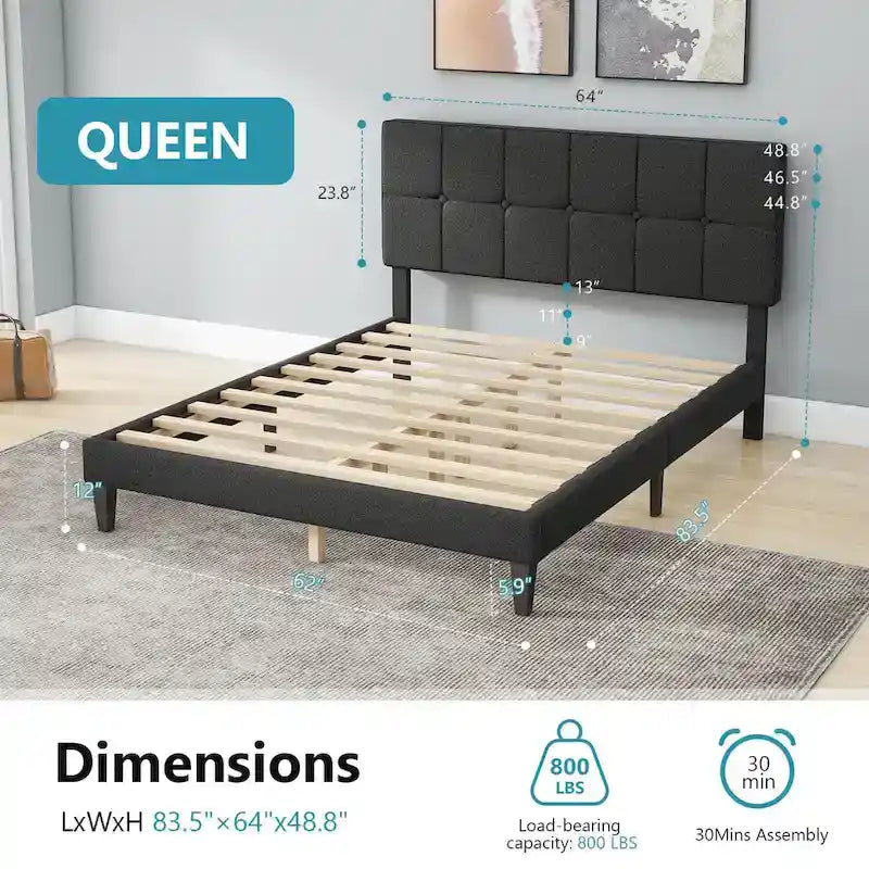 Queen Size Platform Bed Frame with Fabric Upholstered Headboard and Wooden Slats Support, No Box Spring Needed/Easy Assembly