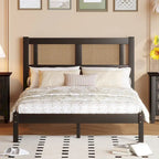 Queen Size Wood Platform Bed with Natural Rattan Headboard