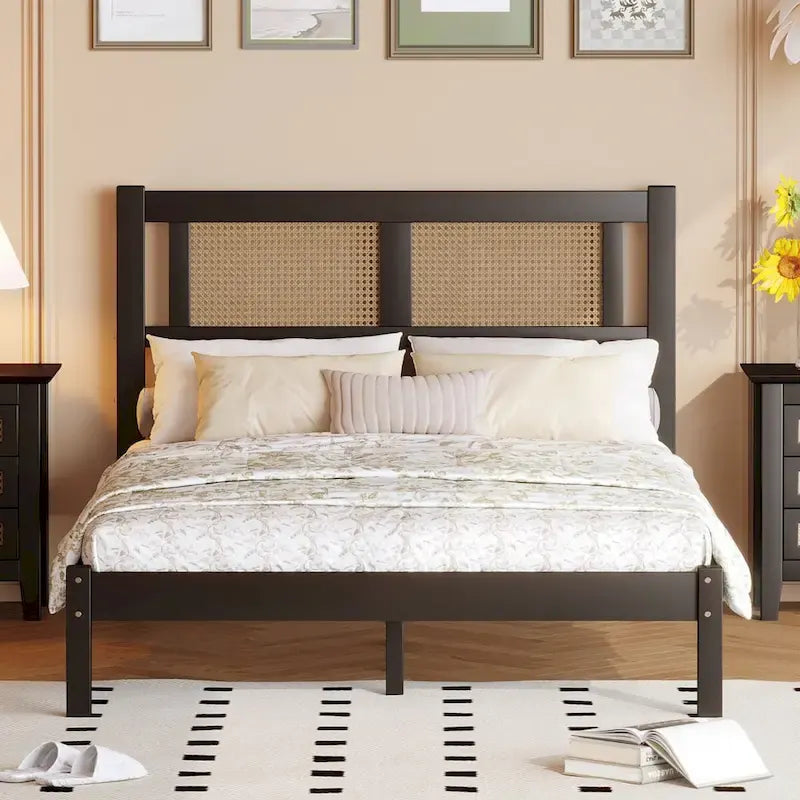 Queen Size Wood Platform Bed with Natural Rattan Headboard