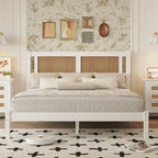 Queen Size Wood Platform Bed with Natural Rattan Headboard