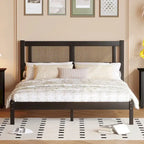 Queen Size Wood Platform Bed with Natural Rattan Headboard