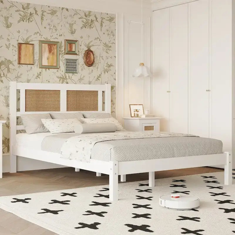 Queen Size Wood Platform Bed with Natural Rattan Headboard