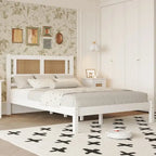 Queen Size Wood Platform Bed with Natural Rattan Headboard
