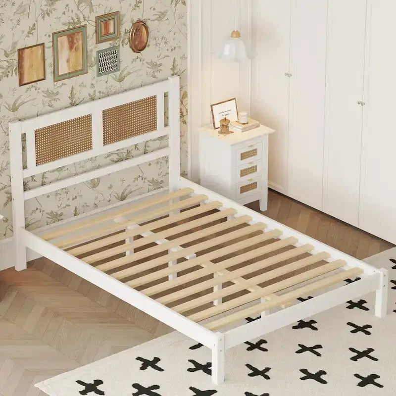 Queen Size Wood Platform Bed with Natural Rattan Headboard