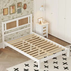 Queen Size Wood Platform Bed with Natural Rattan Headboard