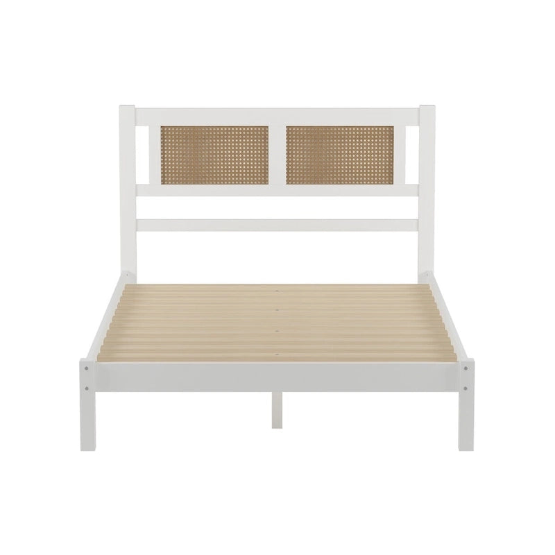 Queen Size Wood Platform Bed with Natural Rattan Headboard