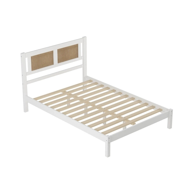 Queen Size Wood Platform Bed with Natural Rattan Headboard