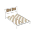 Queen Size Wood Platform Bed with Natural Rattan Headboard