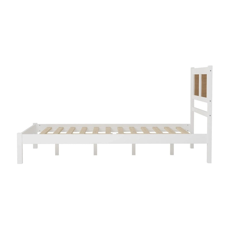 Queen Size Wood Platform Bed with Natural Rattan Headboard