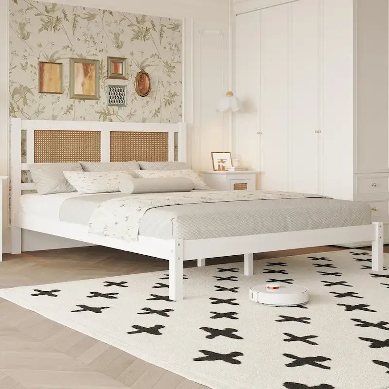 Queen Size Wood Platform Bed with Natural Rattan Headboard