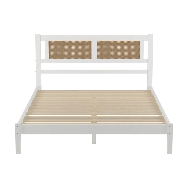 Queen Size Wood Platform Bed with Natural Rattan Headboard
