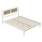 Queen Size Wood Platform Bed with Natural Rattan Headboard