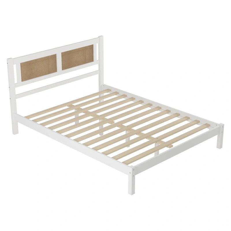Queen Size Wood Platform Bed with Natural Rattan Headboard
