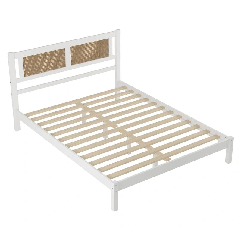 Queen Size Wood Platform Bed with Natural Rattan Headboard