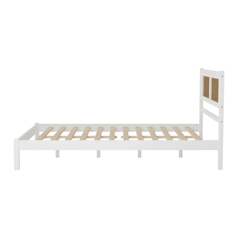Queen Size Wood Platform Bed with Natural Rattan Headboard