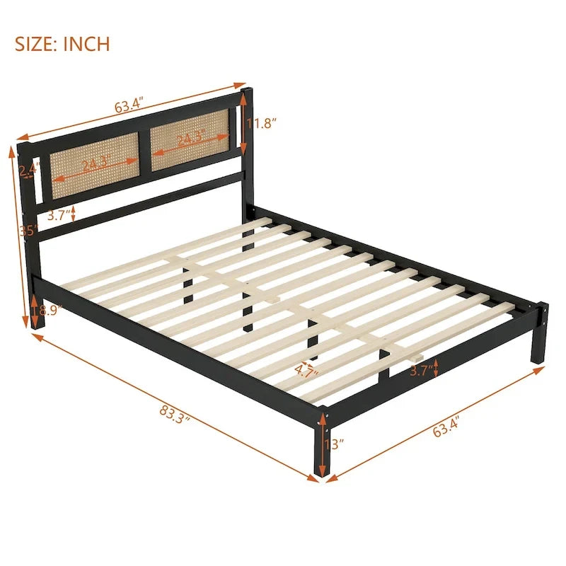 Queen Size Wood Platform Bed with Natural Rattan Headboard