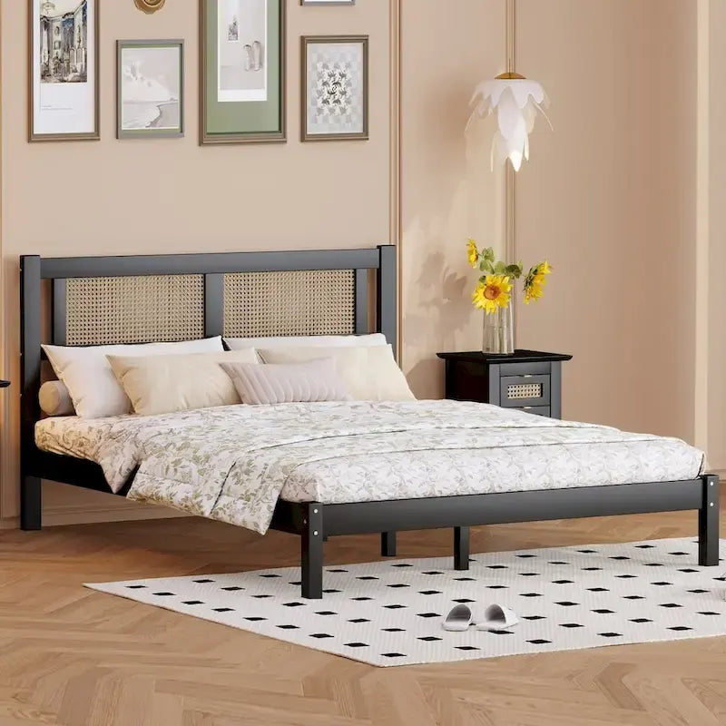 Queen Size Wood Platform Bed with Natural Rattan Headboard
