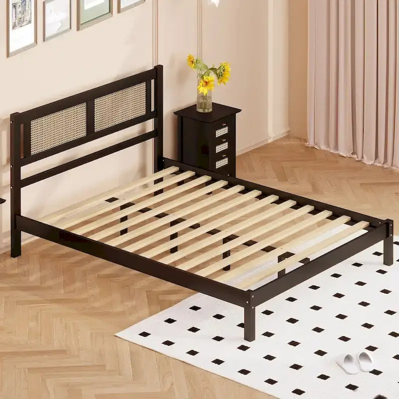 Queen Size Wood Platform Bed with Natural Rattan Headboard