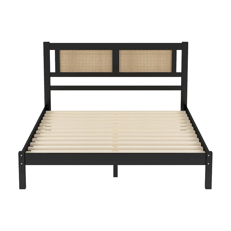 Queen Size Wood Platform Bed with Natural Rattan Headboard