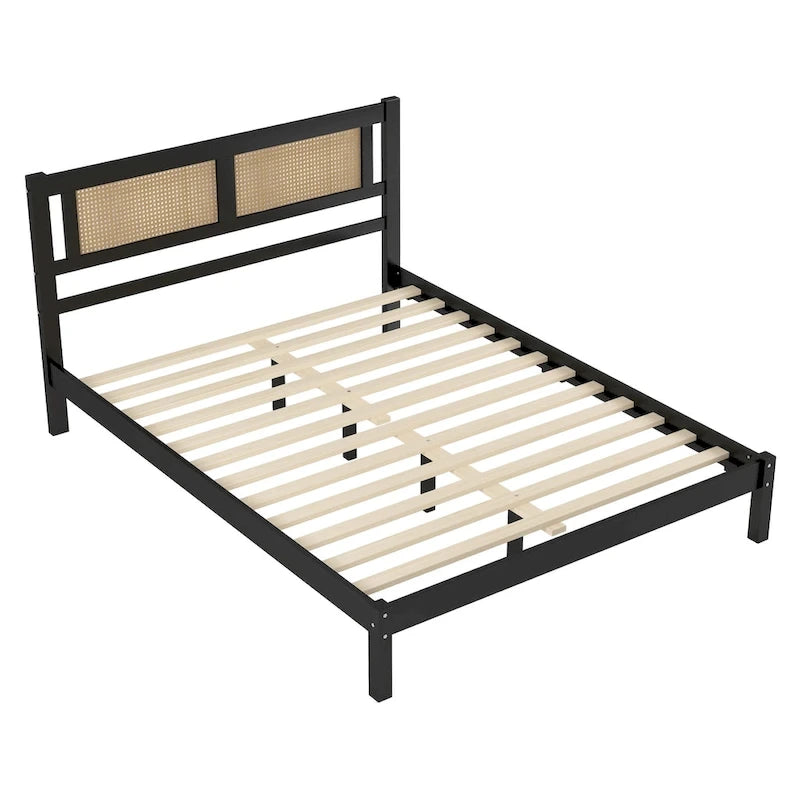 Queen Size Wood Platform Bed with Natural Rattan Headboard