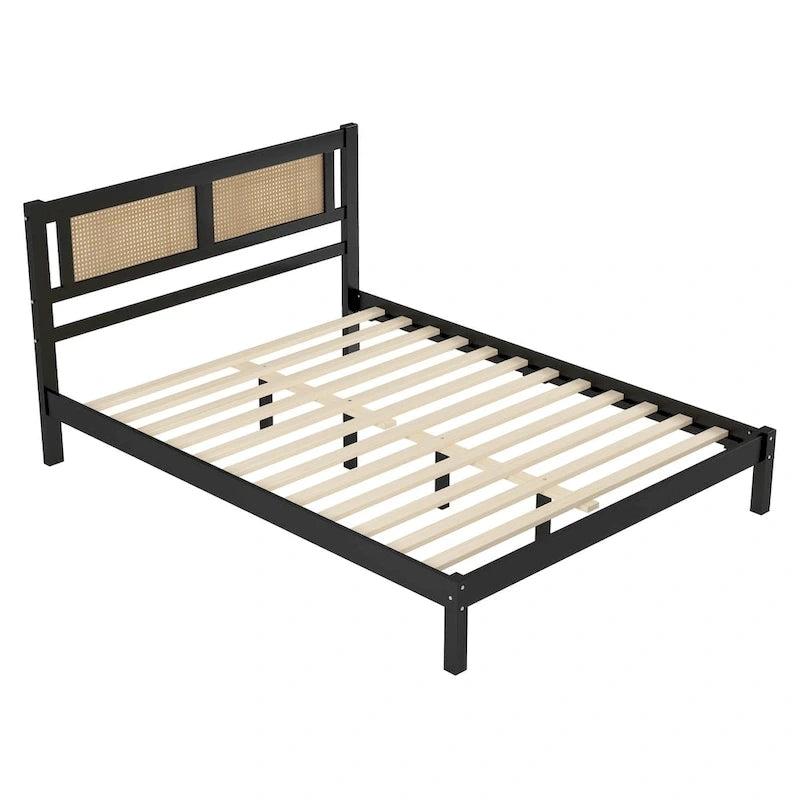 Queen Size Wood Platform Bed with Natural Rattan Headboard