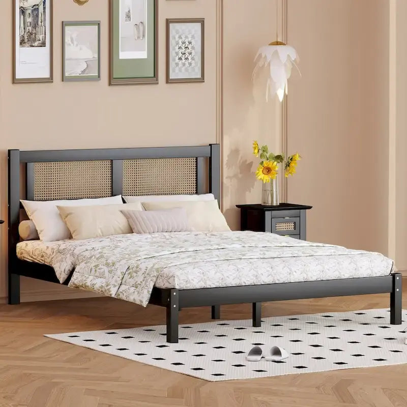 Queen Size Wood Platform Bed with Natural Rattan Headboard