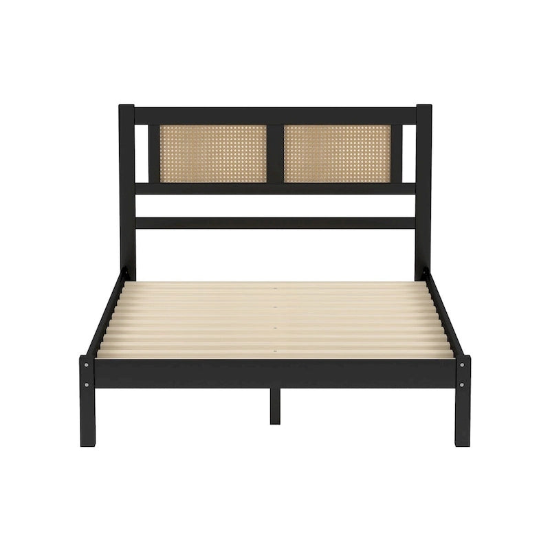 Queen Size Wood Platform Bed with Natural Rattan Headboard